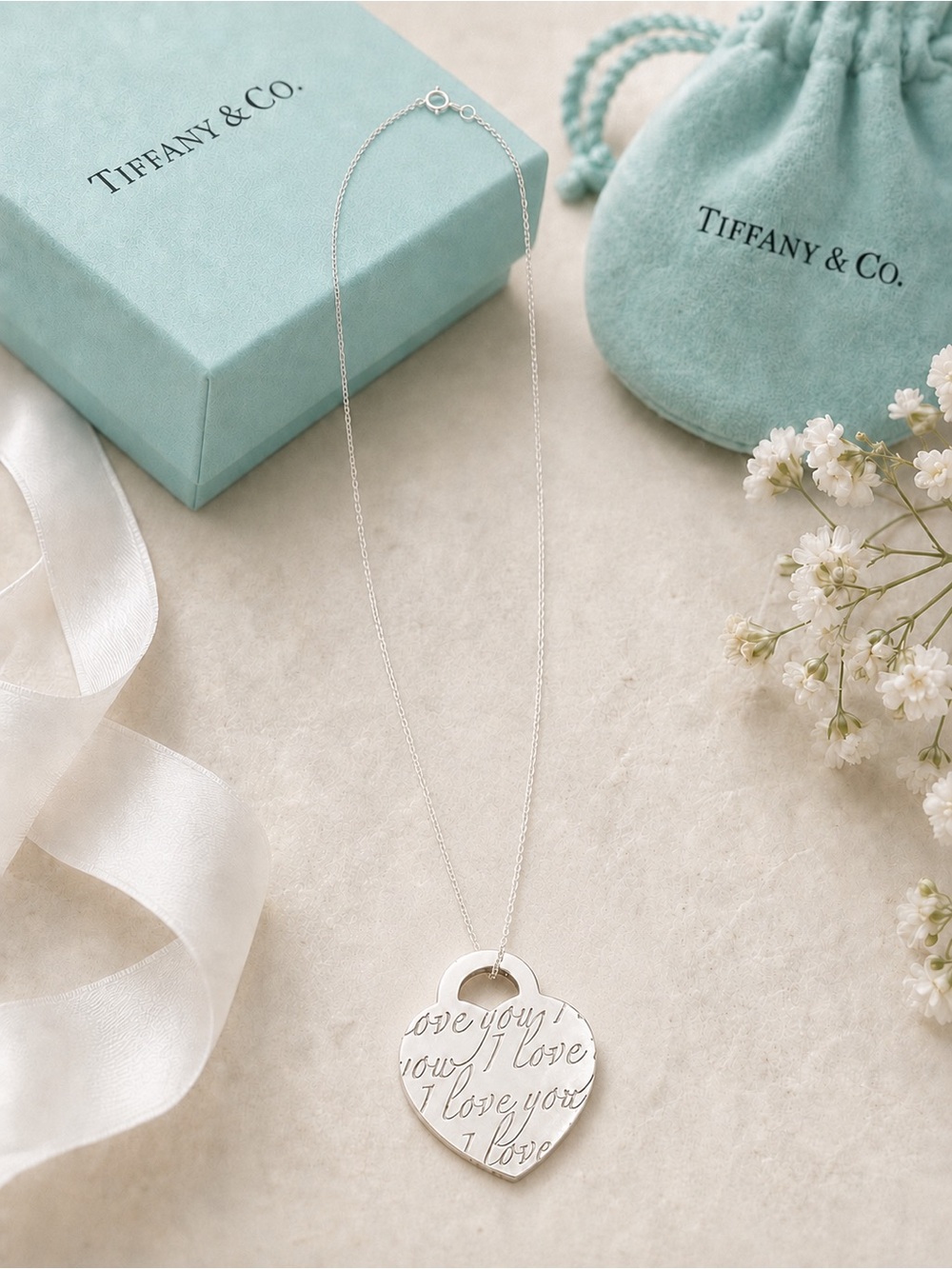Rare Tiffany & Co. Notes I Love You Script Heart Pendant Necklace Retired 16”